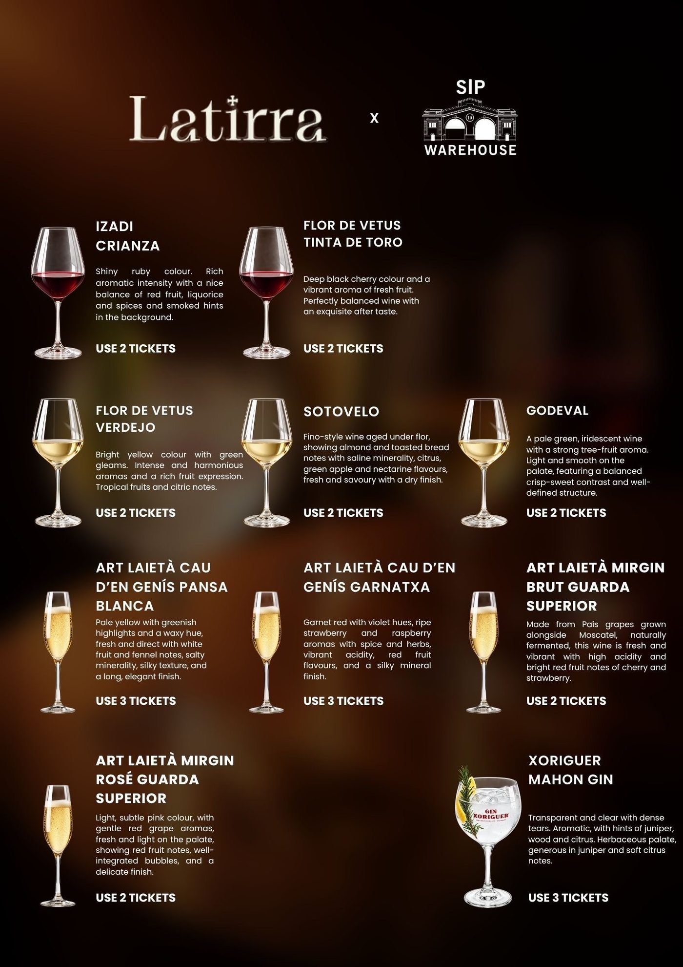Latirra × Sip-Warehouse ticket menu listing the ten wines and the gin above with the tickets each uses.